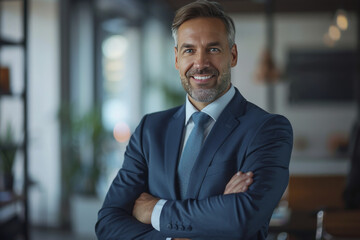 Fototapeta premium Confident businessman in a sharp suit smiles with folded arms in a bright office setting.