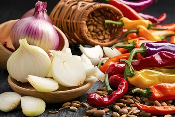 Fresh aromatic onions and garlic ready for cooking with dried hot spicy pepper and bean seeds