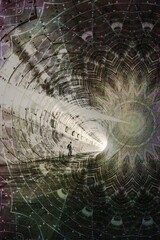 Abstract tunnel in the form of a kaleidoscope with a man walking in the middle