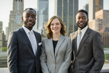 Fototapeta premium A diverse group on 3 person of businesspeople in suits, standing in front of a city skyline