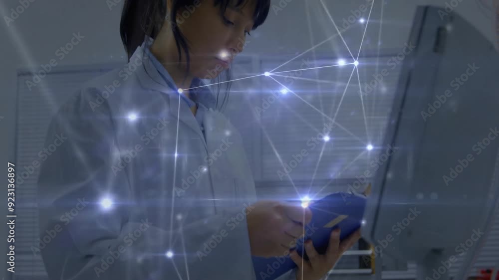Poster scientist working in lab with network connections animation over her