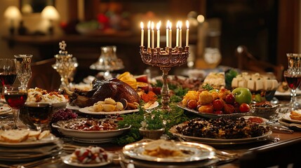 A Festive Table Setting with a Roasted Turkey, Candelabras, and Wine Glasses