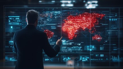 Business professional analyzing global data on a futuristic touchscreen map displaying dynamic statistics and trends.