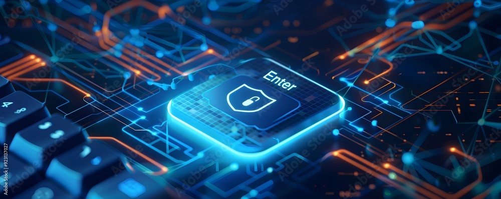 Aufkleber glowing enter key with shield icon on circuit board