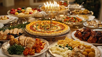 Fototapeta premium A Festive Table Spread with Candles and an Array of Delicious Dishes