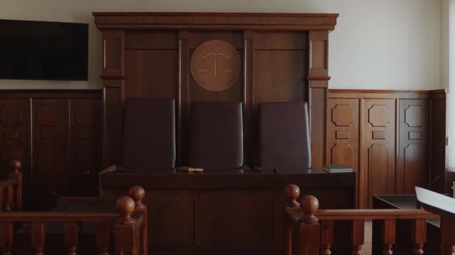 Zoom in no people shot of wooden interior with judges bench and three leather chairs in courtroom
