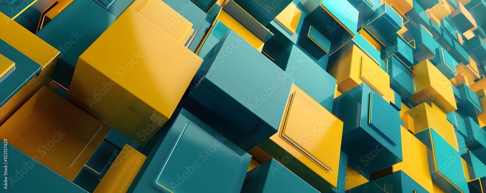 Poster abstract pattern of interlocking yellow and teal cubes