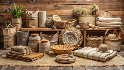 Assorted natural fiber products including woven baskets, jute rugs, and linen textiles in earthy tones are artfully arranged on a reclaimed wood display table.