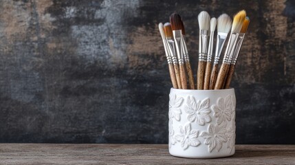 Elegant ceramic brush holder with built-in drawer storage, luxury design, featuring intricate patterns and glossy finish, ideal for sophisticated vanity setups