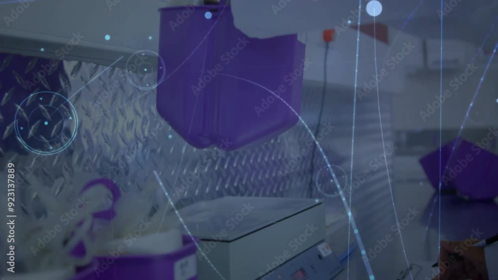 Poster processing scientific data animation over laboratory equipment and containers