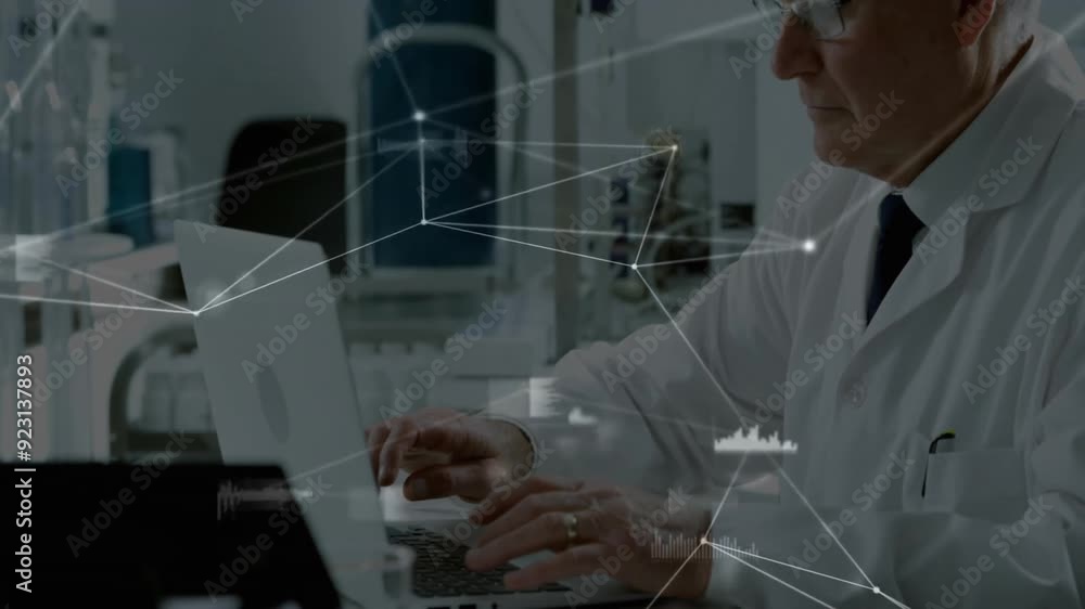 Poster working on laptop, scientist analyzing network connections animation in laboratory