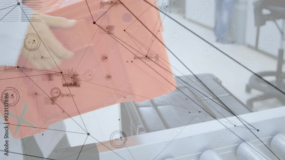 Aufkleber technical data processing animation over automated machinery in industrial setting