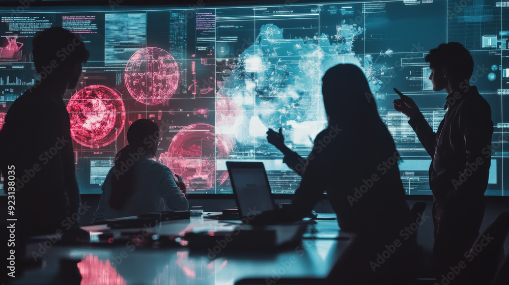 Poster high-resolution studio photo of students collaborating around a large screen in a futuristic classro