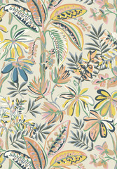 Fototapeta premium Vibrant seamless pattern featuring a tropical banana tree with lush green leaves on a pure white background, perfect for textiles, wallpaper, and designs.