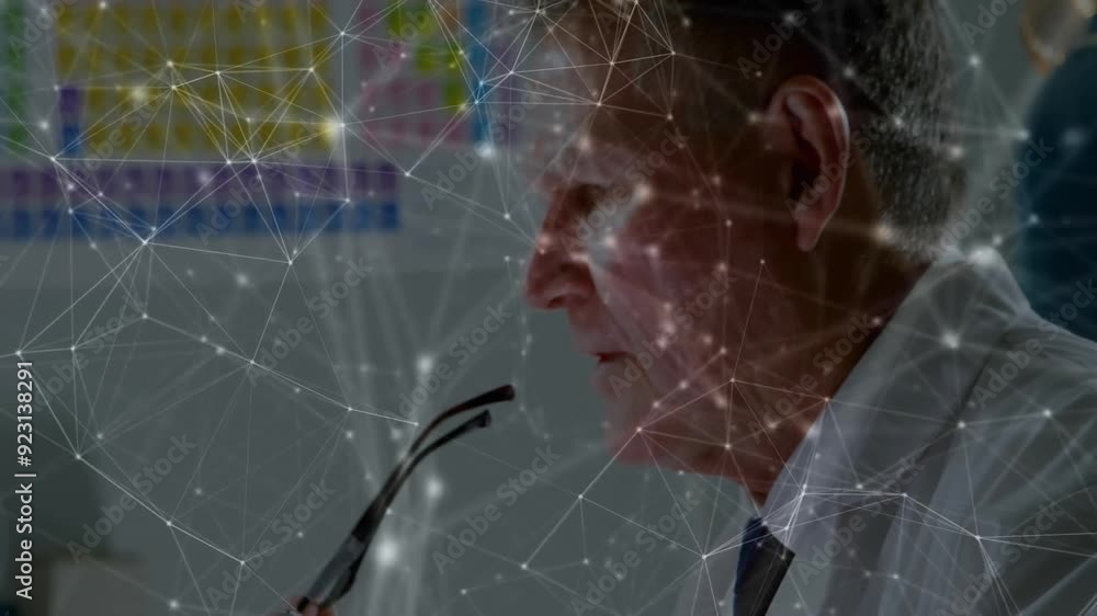 Poster network of connections and data processing animation over man holding glasses