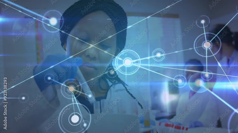Poster network of connections and data processing animation over scientist in laboratory
