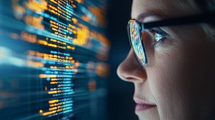 Close-up of a focused individual with glasses, examining digital code on a screen, representing innovation and technology.