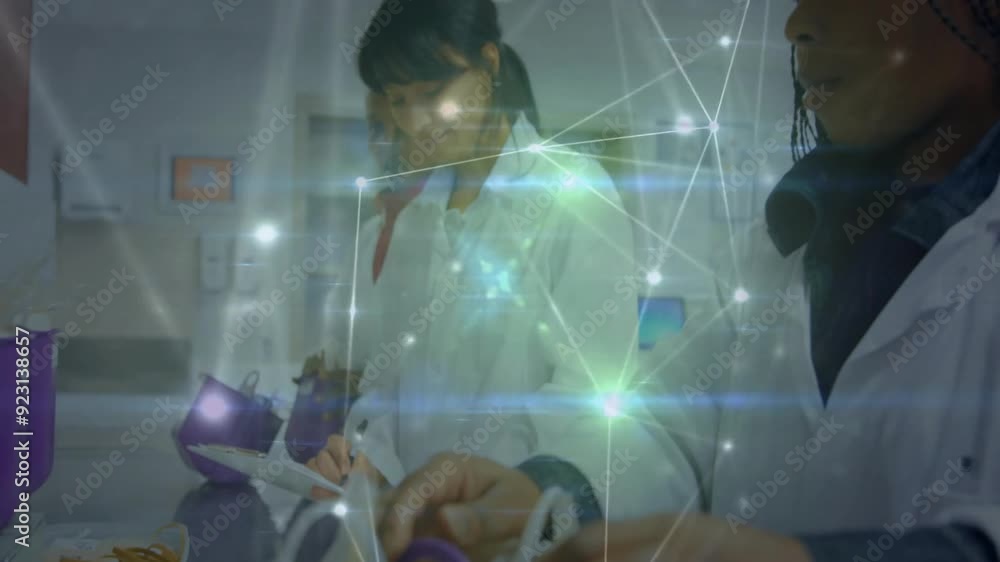 Poster scientists working in laboratory with network of connections and data processing animation