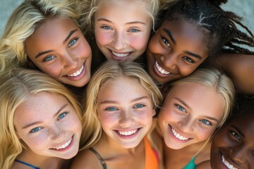 Obraz premium A poster featuring a diverse group of smiling supermodel Caucasian women with various faces and swimwear styles.