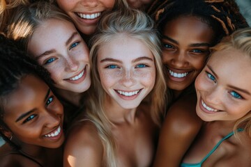 Fototapeta premium A poster featuring a diverse group of smiling supermodel Caucasian women with various faces and swimwear styles.