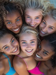Obraz premium A poster featuring a diverse group of smiling supermodel Caucasian women with various faces and swimwear styles.