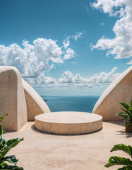 Obraz premium 3D podium with copy space for product display presentation on beach with blue sky and white clouds abstract background. Tropical summer and vacation concept. Graphic rendering illustration design.