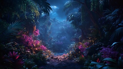 Enchanted Fantasy Forest with Glowing Trees Under Starry Sky