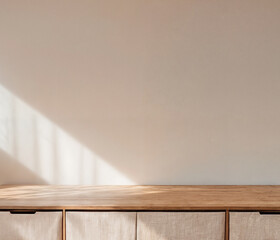 3D render close up blank empty space on beautiful oak wood wooden kitchen counter top with morning...