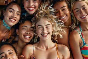 Obraz premium A poster featuring a diverse group of smiling supermodel Caucasian women with various faces and swimwear styles.