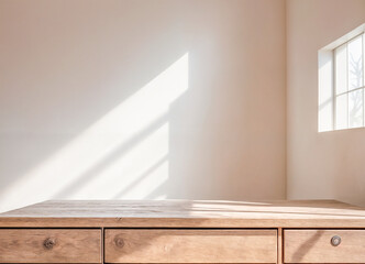 Fototapeta premium 3D render close up blank empty space on beautiful oak wood wooden kitchen counter top with morning sunlight and foliages leaves shadow on white ceramic wall tiles in background. Kitchen, Backdrop.
