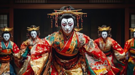 Japanese Geisha in Traditional Costume with White Mask