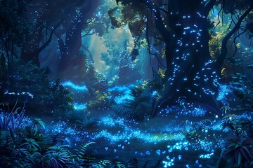 Fototapeta premium A magical forest glowing with bioluminescent plants
