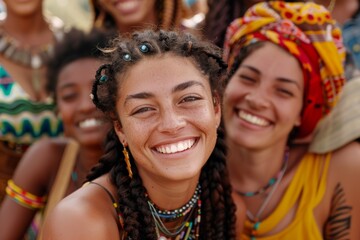 Fototapeta premium A poster featuring a diverse group of smiling supermodel Caucasian women with various faces and swimwear styles.