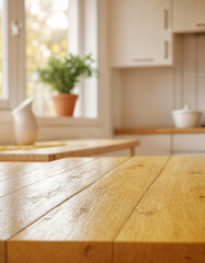 Empty wooden table with the bright white interior of the kitchen as a blurred background behind the bokeh
