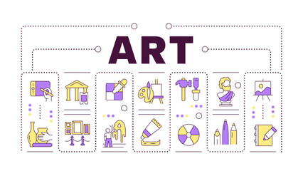 Art word concept on white. School subject. Painting and sculpture. Academic discipline. Creative illustration banner surrounded by editable line colorful icons. Hubot Sans font used