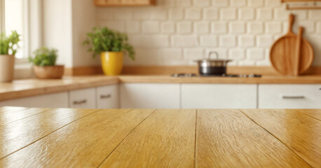 Empty wooden table with the bright white interior of the kitchen as a blurred background behind the bokeh