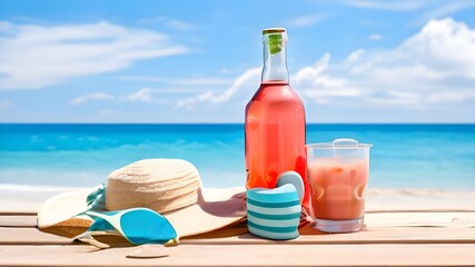 bottle of wine on the beach,Beach Accesseries on summer season