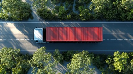 top view of semi truck with container cargo