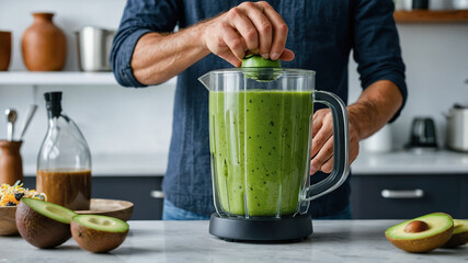 Closeup of a man squeezing a lime into a blender full of green smoothie ingredients, including avocado and kiwi, in a stylish kitchen.
