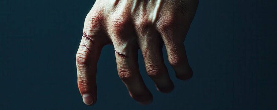 A close-up of a hand with deep, self-inflicted cuts, symbolizing extreme emotional pain