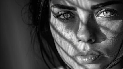 Close-up of a melancholic woman with dramatic shadows, fine art black and white portrait, emotional depth