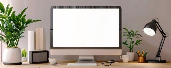 Modern Home Office Desk with Blank Computer Screen