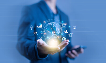 hand shows the globe of digital marketing. concept business tech international market. global internet connection big data digital link business technology. Financial, internet banking