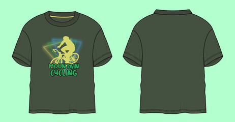 Boys olive colour round neck short sleeve oversized cycling graphic t-shirt flat sketch outline vector fashion illustration template.
