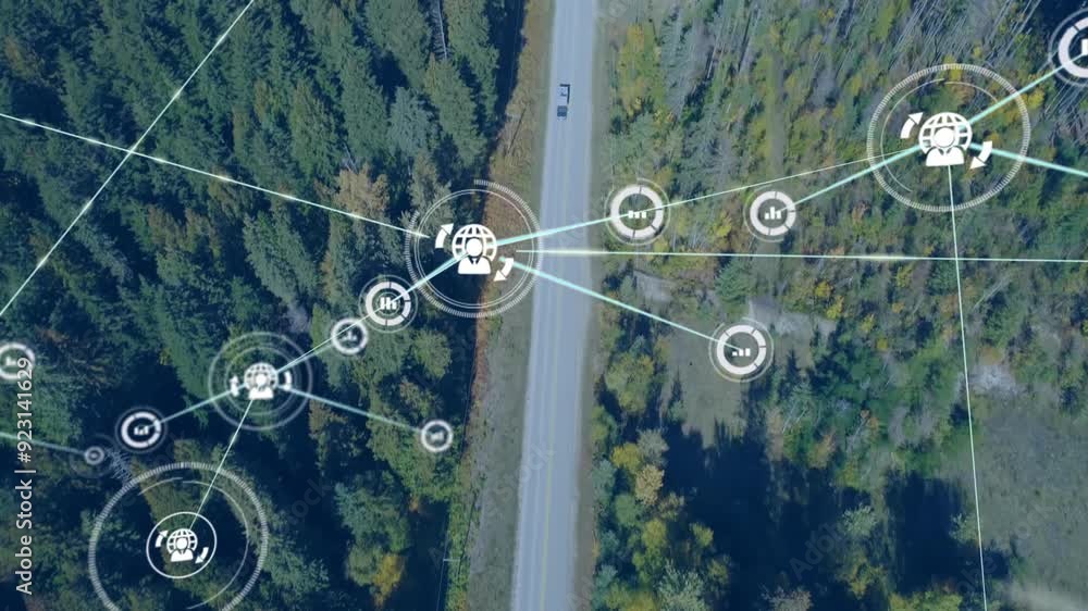 Poster network of connections and data processing animation over aerial view of forest road