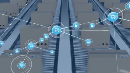 E-commerce and security icons animation over conveyor belts with cardboard boxes