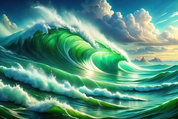 Emerald Ocean Symphony: Shimmering green ocean waves, crashing and rhythmic, energetic and uplifting mood, realistic and detailed style, emerald green and teal colors, nature concept
