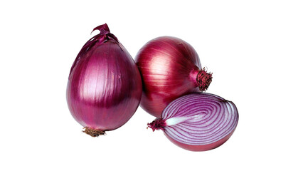 whole and sliced red onions isolated on white background