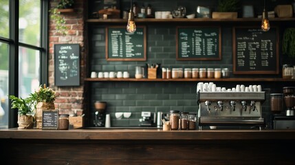 Cozy coffee shop interior with rustic decor, wooden counter, and espresso machine, perfect for coffee lovers and cafe culture.