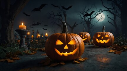 The eerie allure of Halloween night with intricately carved jack-o&rsquo;-lanterns, fog, and spooky decorations setting the mood